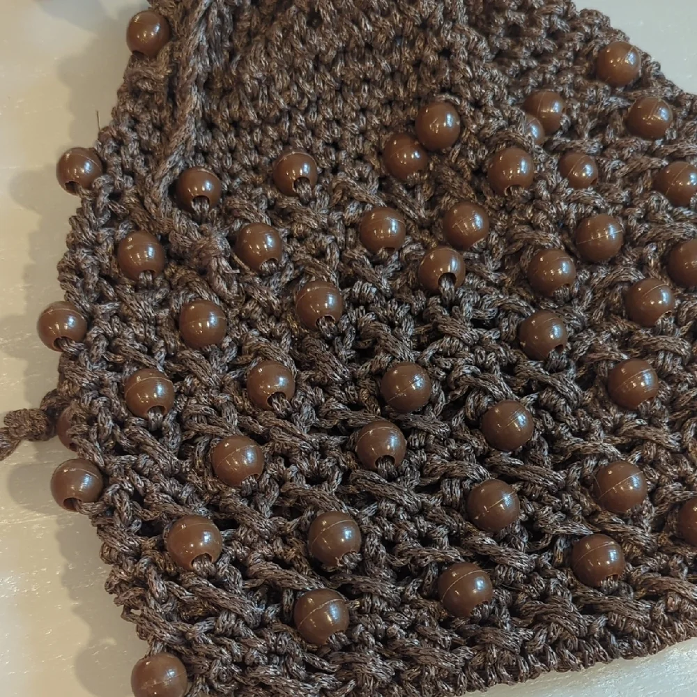 Brown Beaded Crochet Handbag Y2K Hobo Boho‎ Hippie